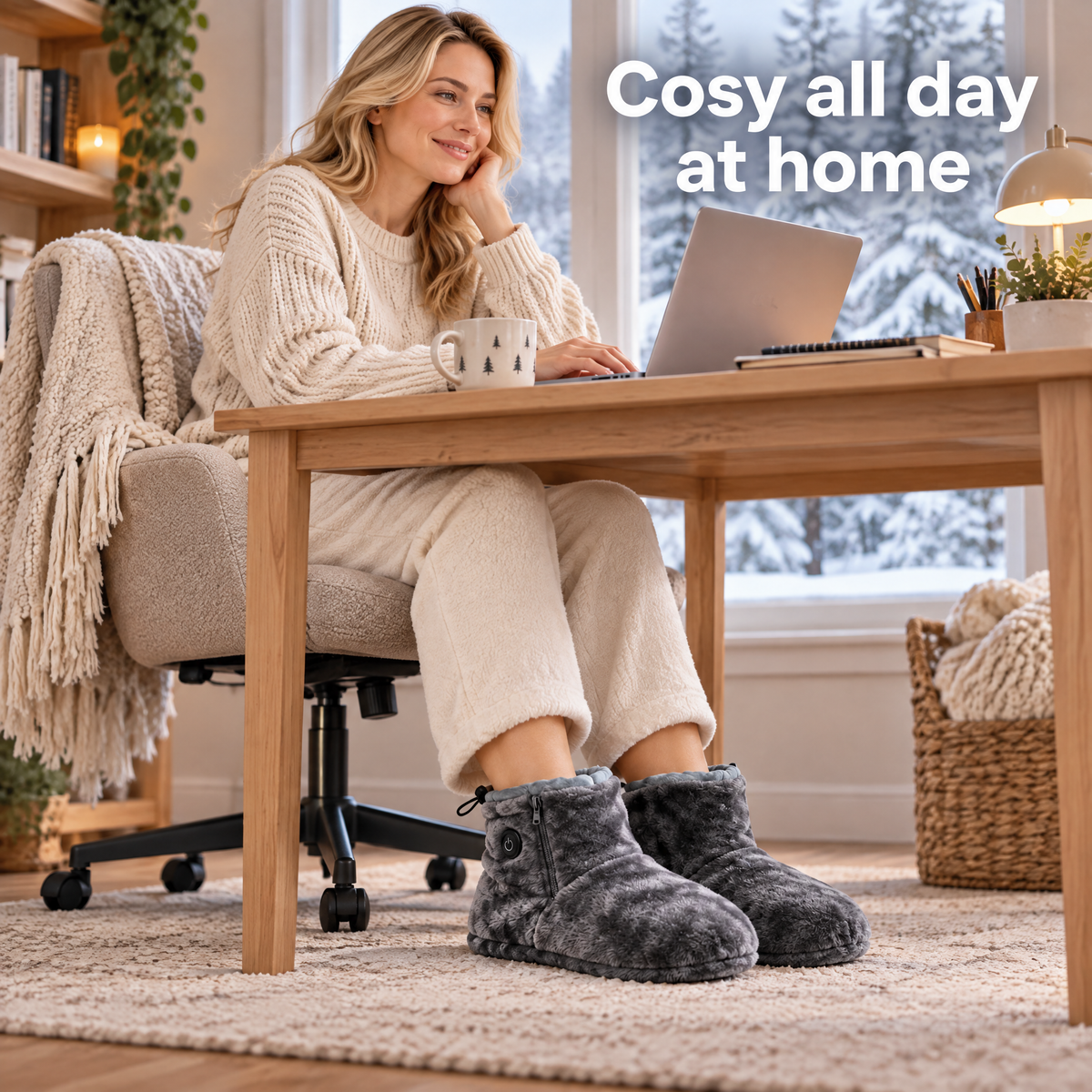 Woman working from home wearing heated plush slipper boots under her desk