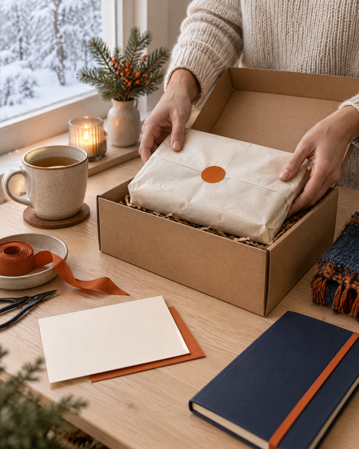 Hands packing an order with care