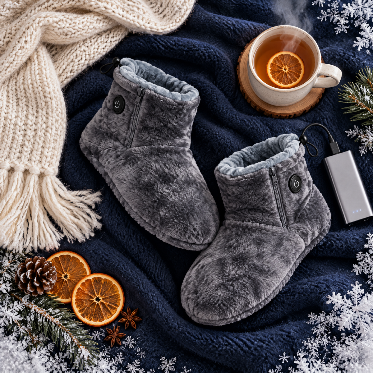 Heated slipper boots flat lay on a navy wool blanket with tea and a scarf